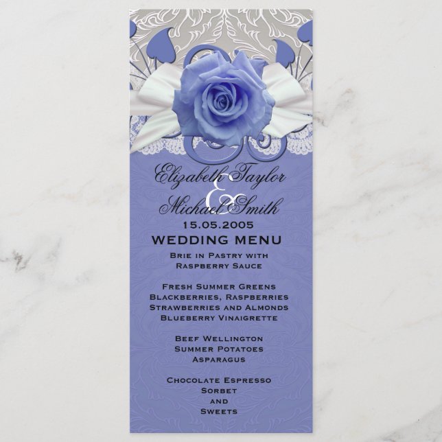 Rose Lace Silver/Blue Damask Wedding Menu (Front)