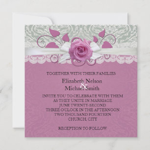 Rose Lace Silver/Pink Damask  Wedding Invite