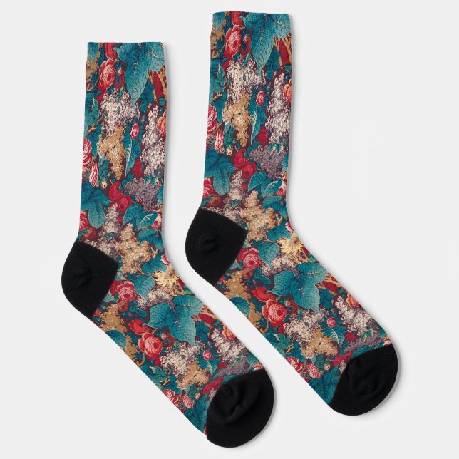 Rose, Lilac, Large Leaves Pattern Vintage Garden Socks (Right)