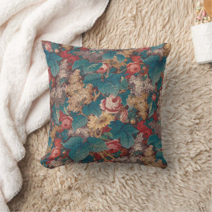 Rose, Lilac, Large Leaves Pattern Vintage Garden Throw Pillow