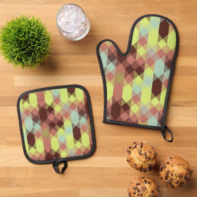 rose, lime, yellow and coffee bean geometric oven mitt & pot holder set (Top Down)