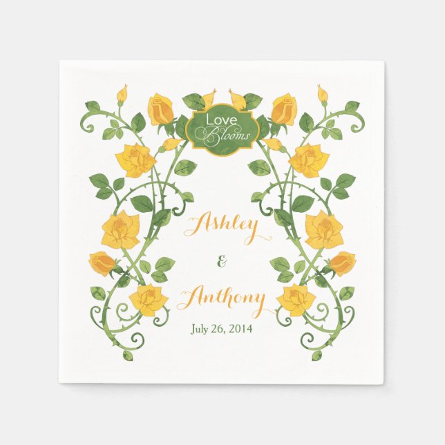 Rose Love Blooms Personalized Wedding | Yellow Napkin (Front)
