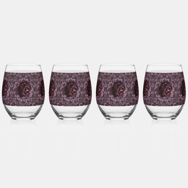 Rose Mandala Drinkware Set Stemless Wine Glass (Front)