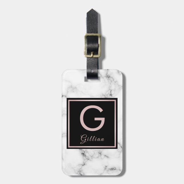 Rose Marble Rose Gold Monogrammed Name Luggage Tag (Front Vertical)