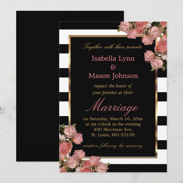Rose Mariage or noir & blanc Stripe Invitation (Devant / Derrière)