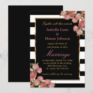 Rose Mariage or noir & blanc Stripe Invitation
