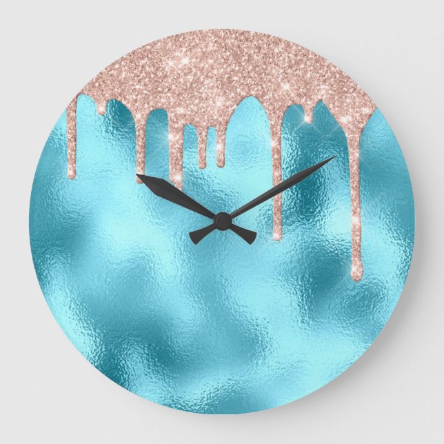 Rose  Metal Spark Glitter Drip Ocean Glitter Large Clock (Front)