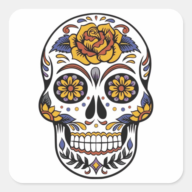 Rose Mexican Sugar Skull Day of the Dead Square Sticker (Front)
