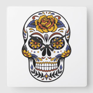 Rose Mexican Sugar Skull Day of the Dead Square Wall Clock