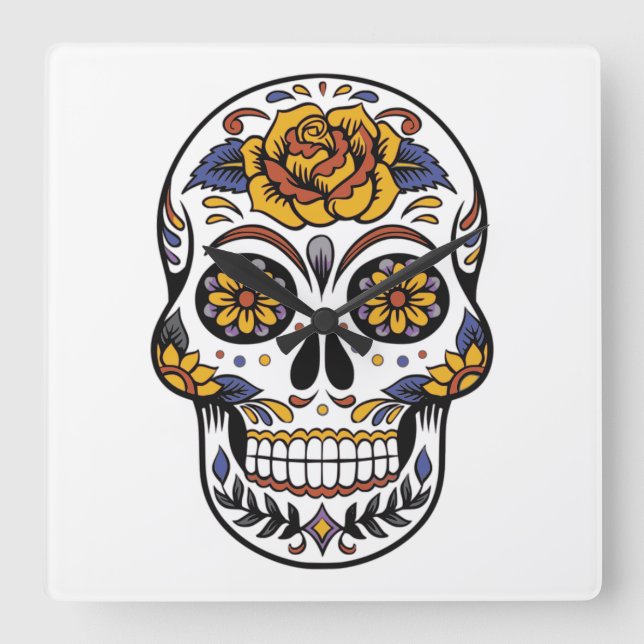 Rose Mexican Sugar Skull Day of the Dead Square Wall Clock (Front)