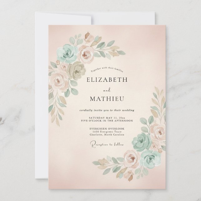 Rose Mint Botanical Romance Wedding Invitation (Front)