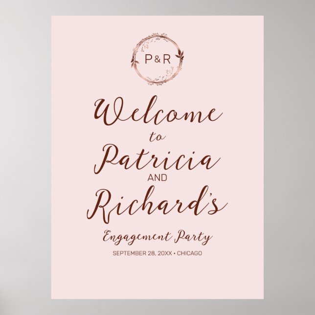 Rose Monogram Engagement Party Welcome Sign Board (Front)