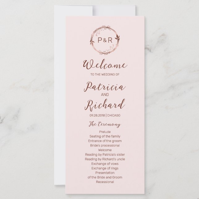 Rose Monogram Wedding Ceremony Program 4x9 Card (Front)