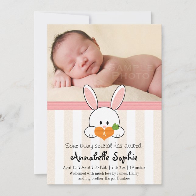 ROSE MONOGRAMMMEE BUNNY RABBIT FAIRE-PART DE NAISS (Devant)