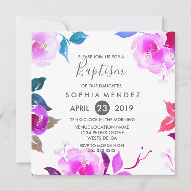 Rose mou Floral Girl Baptism Invitation (Devant)