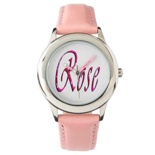 Rose, Name, Logo, Girls Pink Leather Watch. Watch (Front)