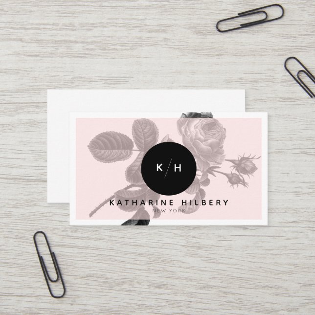Rose noir chic et Carte de visite rose monogramme (Devant/Arrière en situation)