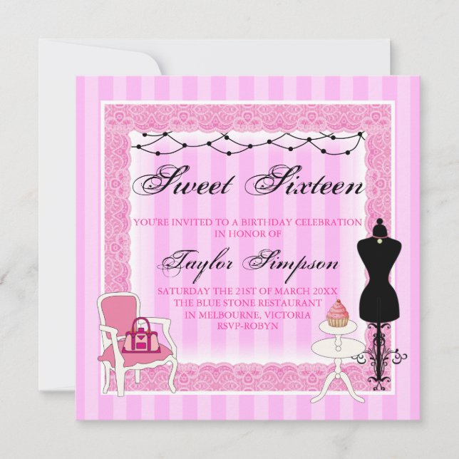 Rose & Noir Chic Sweet16 invitation d'anniversaire (Devant)