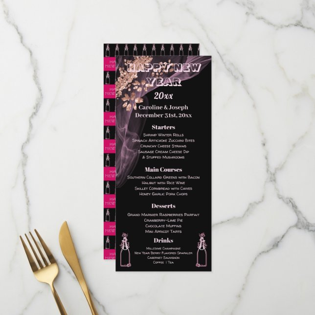 Rose noir Gold Nouvel An Menu & Bubbly Champagne (Devant/Arrière en situation)
