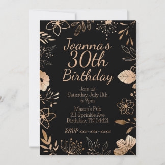Rose noir or Botanique Invitation d'anniversaire