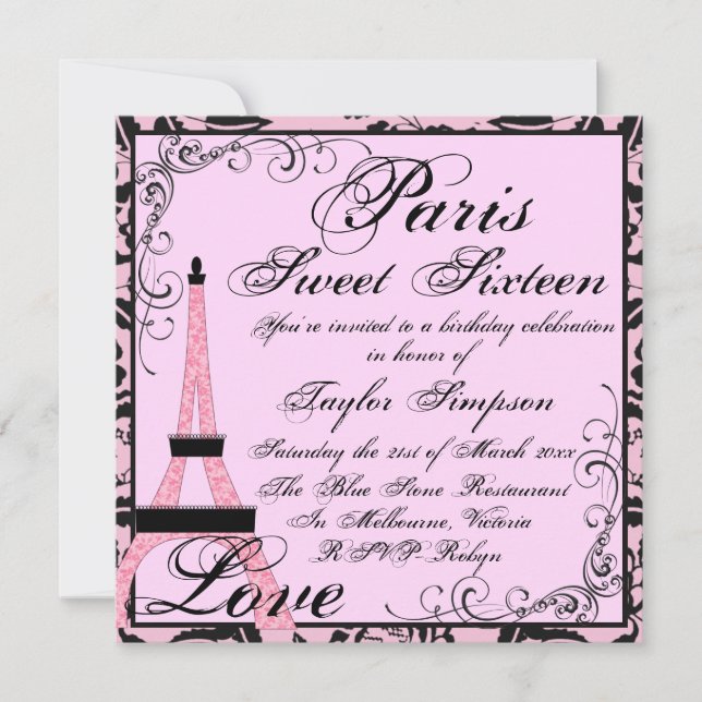 Rose/Noir Paris Sweet16 Invitation d'anniversaire (Devant)