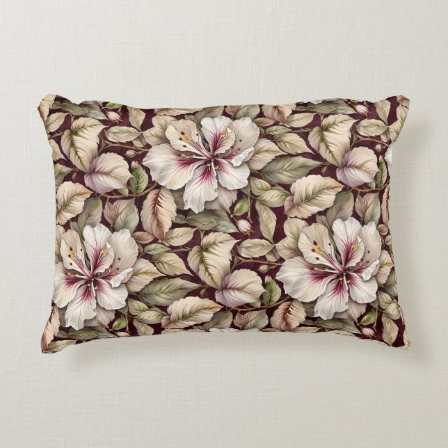 Rose of Sharon on Burgundy Floral Rug Accent Pillow (Front)