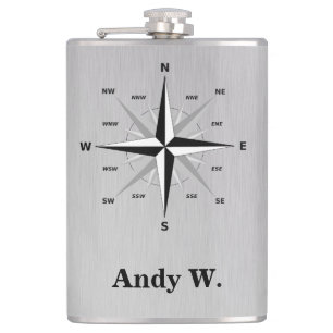 Rose of the Winds Compass and Brushed Aluminum Hip Flask
