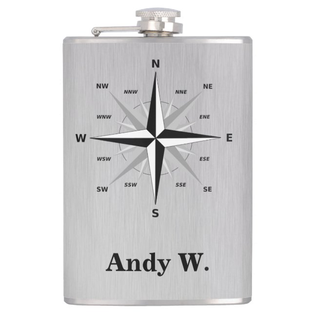 Rose of the Winds Compass and Brushed Aluminum Hip Flask (Front)
