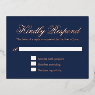 Rose officiel Gold Foil Marine Blue Wedding Carte 