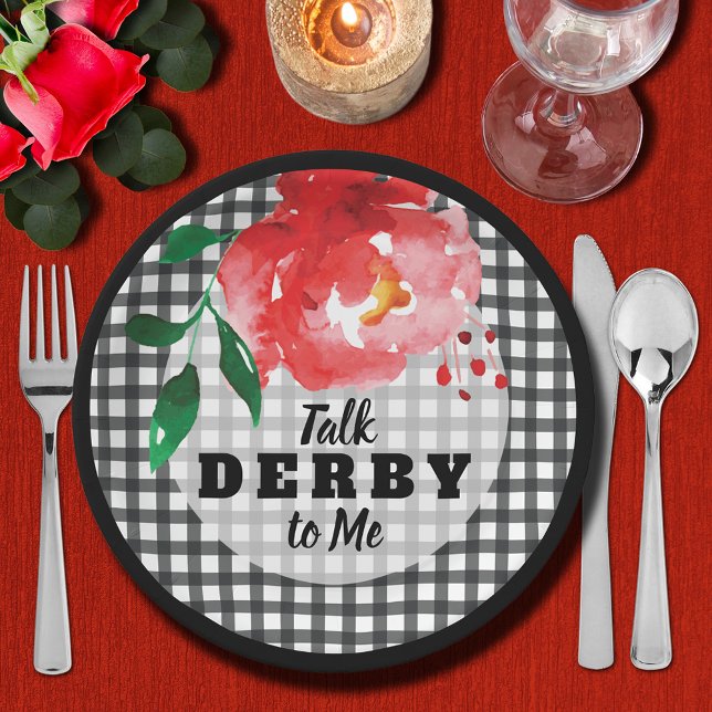 Rose on Black and White Check Paper Plate (Talk Derby to Me Rose on Black and White Gingham Paper Plates)
