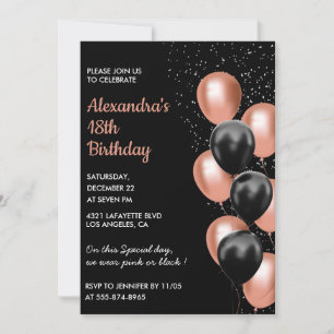 Rose or 18e anniversaire invitation Balloon Black