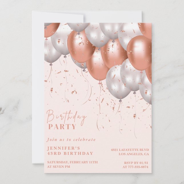 Rose or 43e anniversaire invitations Balloon Glam (Devant)