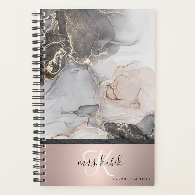 Rose or et marbre Monogramme enseignant planificat (Devant)