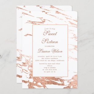 rose or faux feuille marbre Quinceanera Invitation