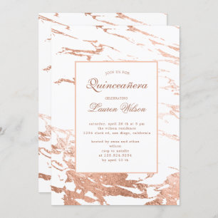 rose or faux feuille marbre Quinceanera Invitation