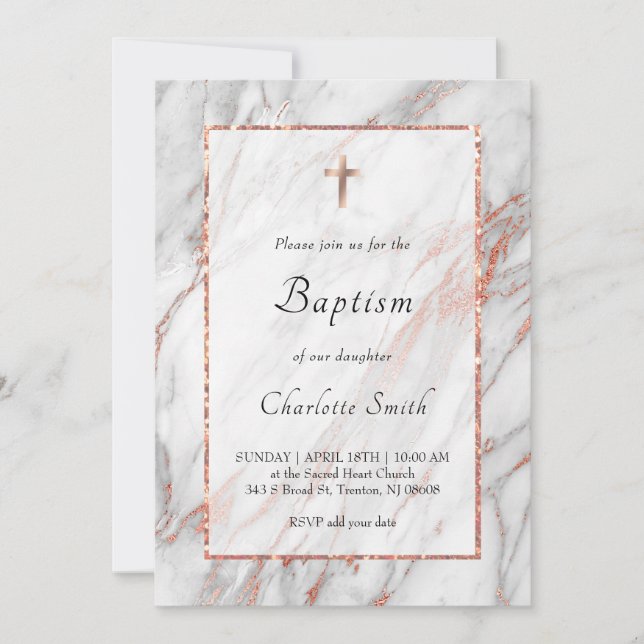 rose or marbre catholique Baptême Invitation (Devant)