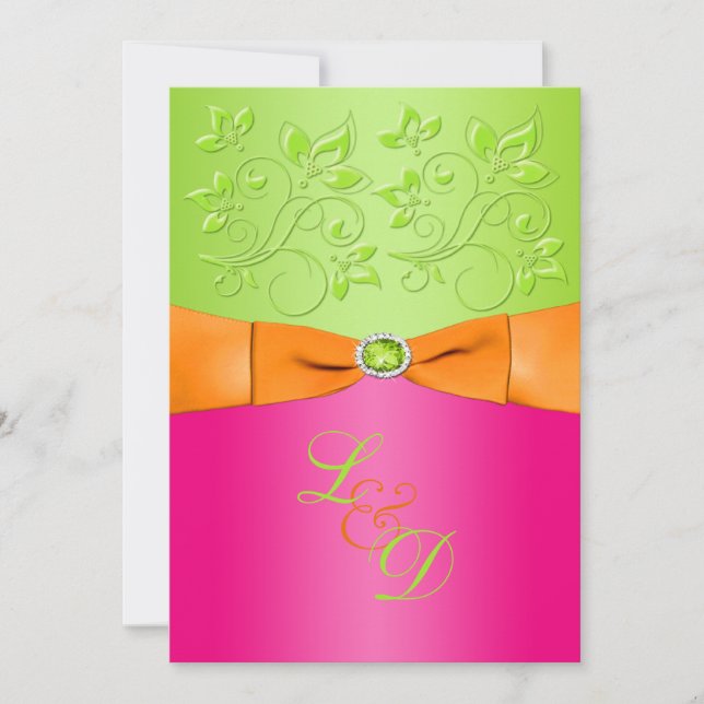 Rose, Orange, Faire-part de mariage Monogramme Ver (Devant)