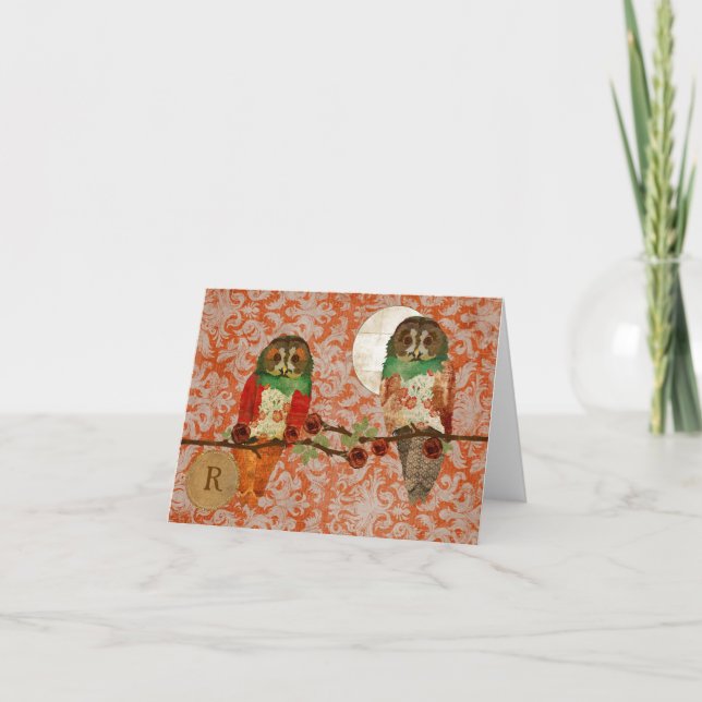 Rose Owls Amber Damask Monogram Notecard (Front)