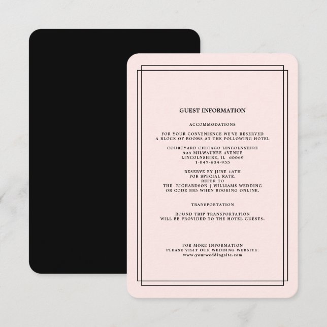Rose pâle | Carte de détails Mariage noir (Devant / Derrière)