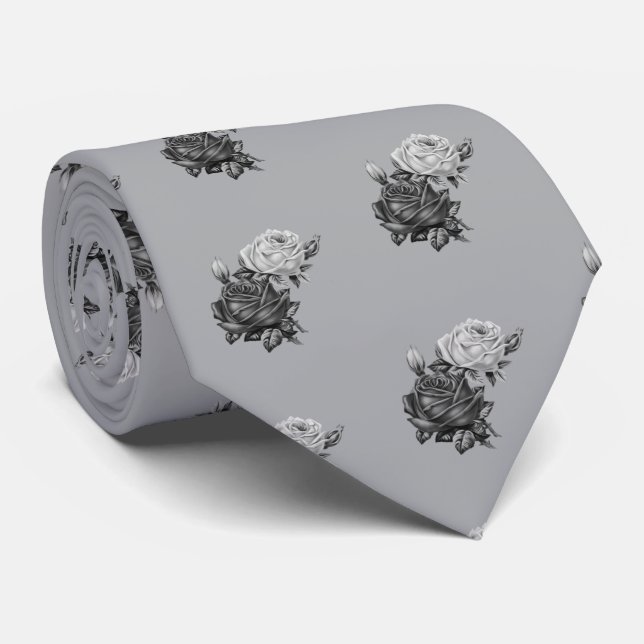 Rose Pattern Black Silver Grey Grey White Tie (Rolled)