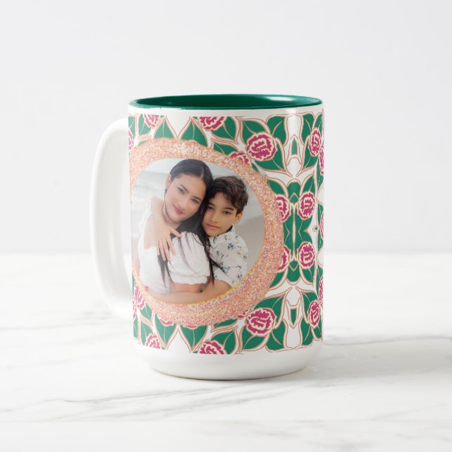 Rose Pattern With Glitter Frame Two-Tone Coffee Mug (Front Left)