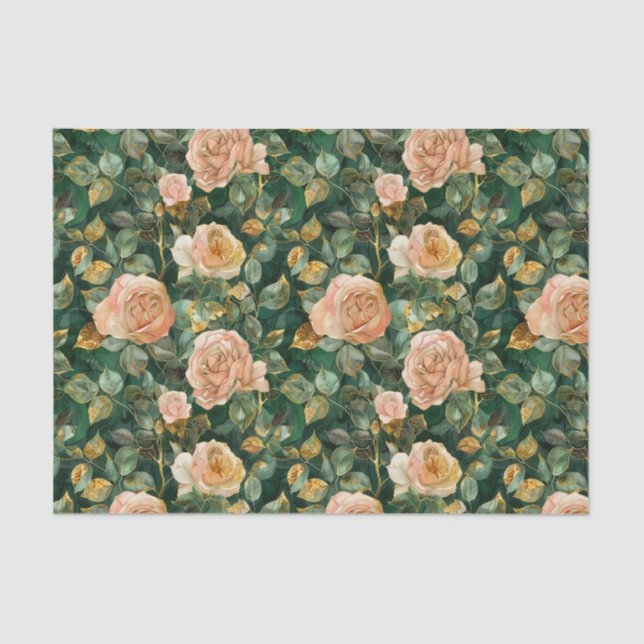 Rose Pattern with Green Leaves and Gold Accents Tissue Paper (Front)