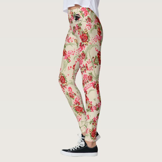 Rose Patterned Leggings - Black B&B Logo (Left)