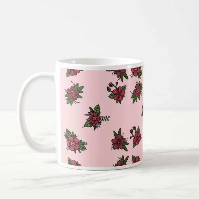 Rose patterns, cute little pink and red design coffee mug (Left)