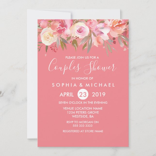 Rose Peach Coral Aquarelle Couples Invitation douc (Devant)
