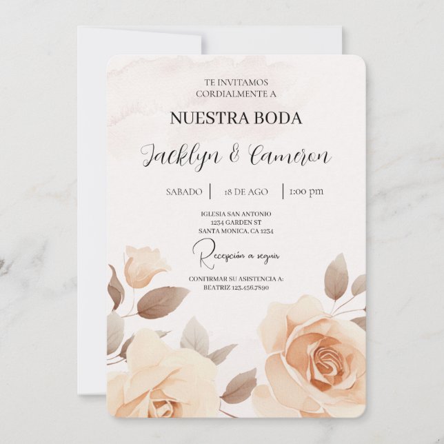 Rose Peach Faire-part de mariage espagnol (Devant)