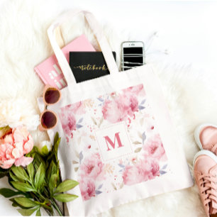 Rose Peonies Custom Monogram Tote Bag