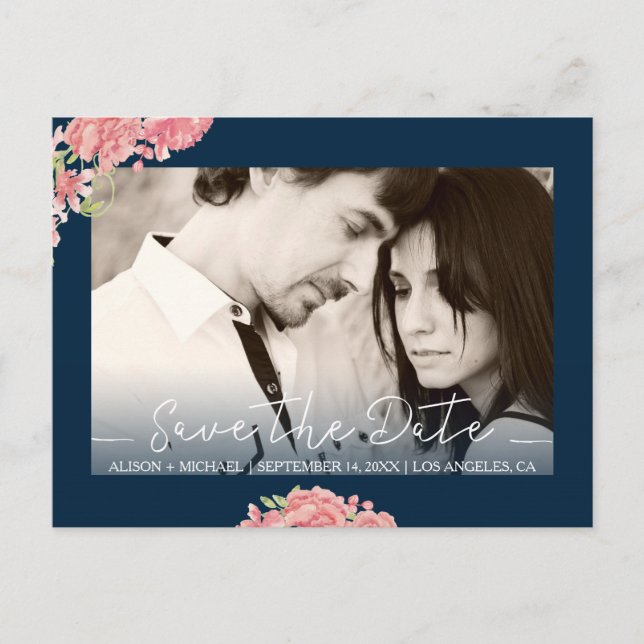 Rose peonies floral blue pink wedding save date announcement postcard (Front)