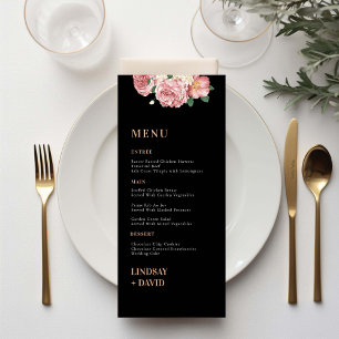 Rose Peony Flowers on Black Menu Card