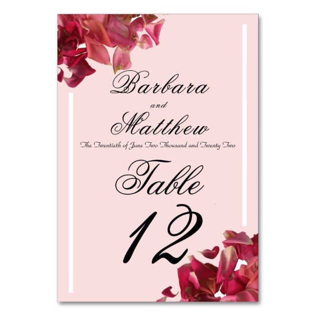 Rose Petal Pink Romantic Reception Table Card (Front)